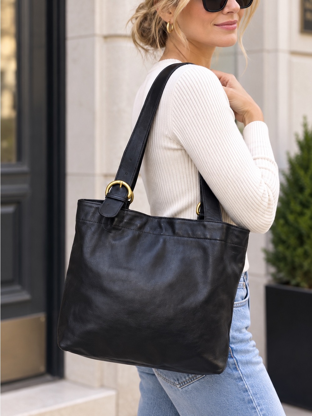 Vintage Coach Black Leather Large Tote Shoulder Bag L4C-4150
